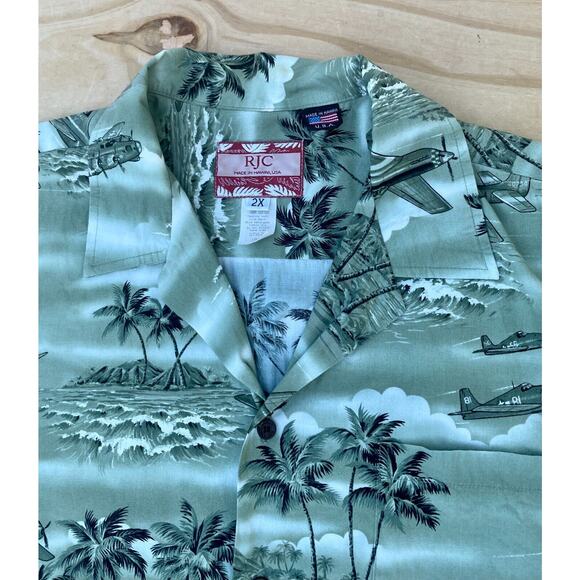VTG RJC Hawaiian Fighter Shirt Planes USA Bomber WWII Design Mens Green‎ SIZE 2X - Picture 2 of 7